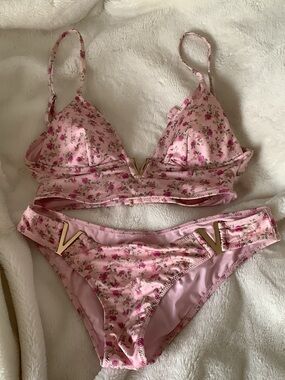 Pink Floral V-Accent Bikini Set Sz medium
